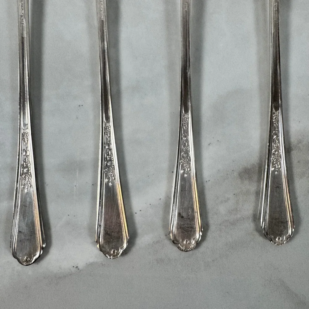 Set of 4 Plymouth Silver Plate Long Iced‎ Tea Spoons Jewel Rose Cottagecore